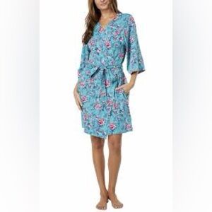 Very Bradley Women’s Blue Rose Toile Robe Tie Front With Pockets Size L/XL
